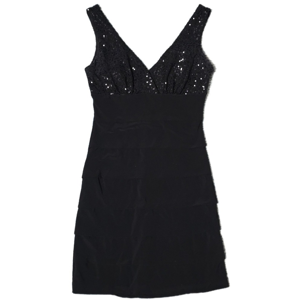 Sleeveless Black Sequin Party Dress Tiered Cocktail Evening (W)